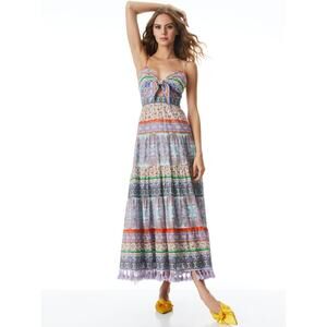 ALICE + OLIVIA Minka Tassel Fringe Maxi Dress Ritzy Multi Tie Front Women's 8